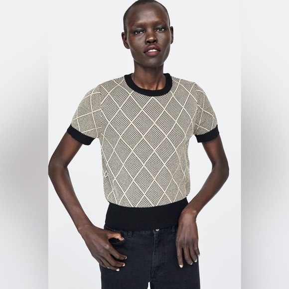 Zara Jumper Sparkle Gold Argyle Round Neck Pullover Sweater - Picture 1 of 6